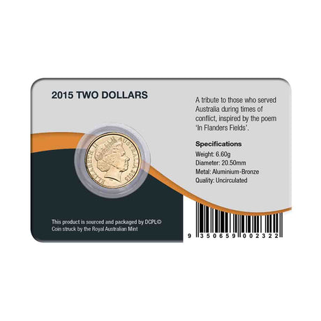 Australia Remembrance Day 2015 $2 Colour Aluminium-Bronze Uncirculated Coin Pack