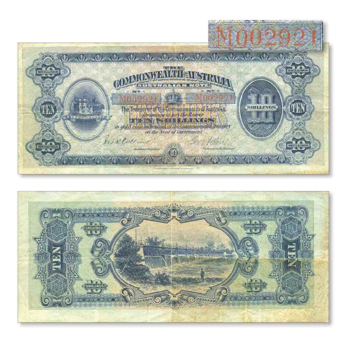 1913 10/- R1c Collins/Allen Red Serials about Very Fine Banknote