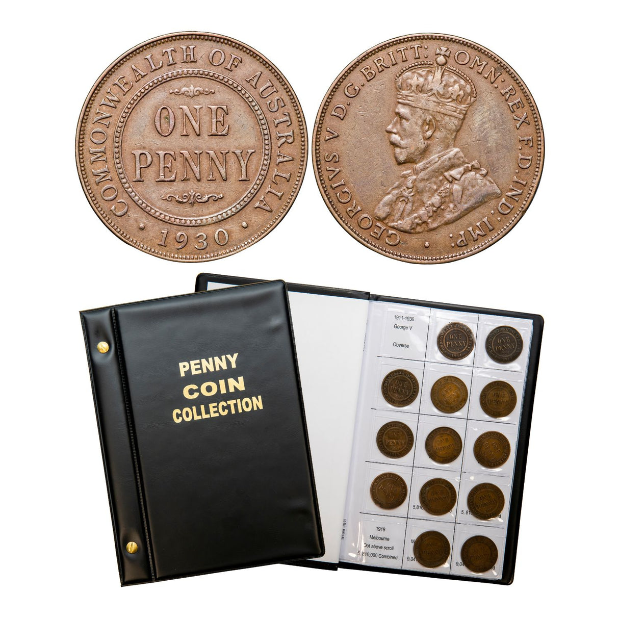 Australia George V 1930 Penny Very Fine with FREE 1911-64 Penny Good-Uncirculated 74-Coin Collection