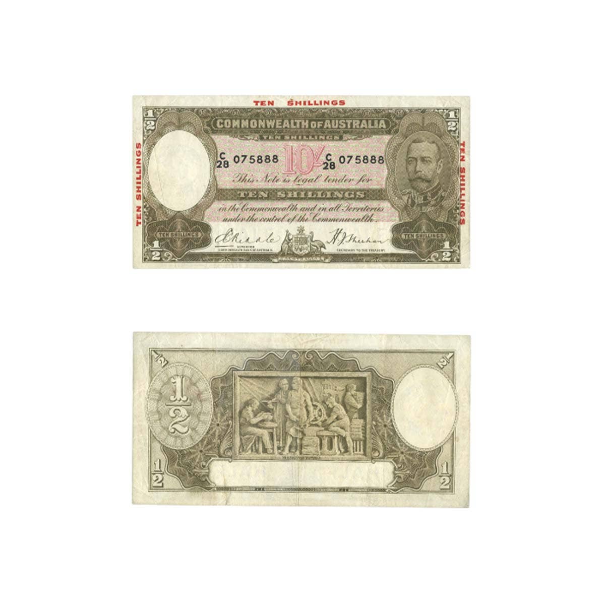 Australia George V 1934 10/- R10 Riddle/Sheehan Overprint Very Fine Banknote