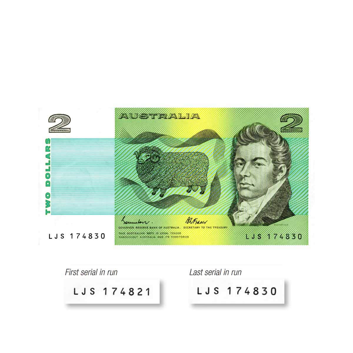 1985 $2 R89 Johnston/Fraser Consecutive Run of 10 Notes Uncirculated