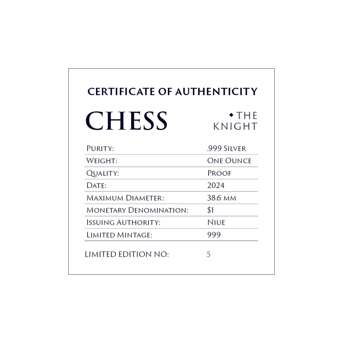 Chess Knight 2024 $1 1oz Silver Black Proof