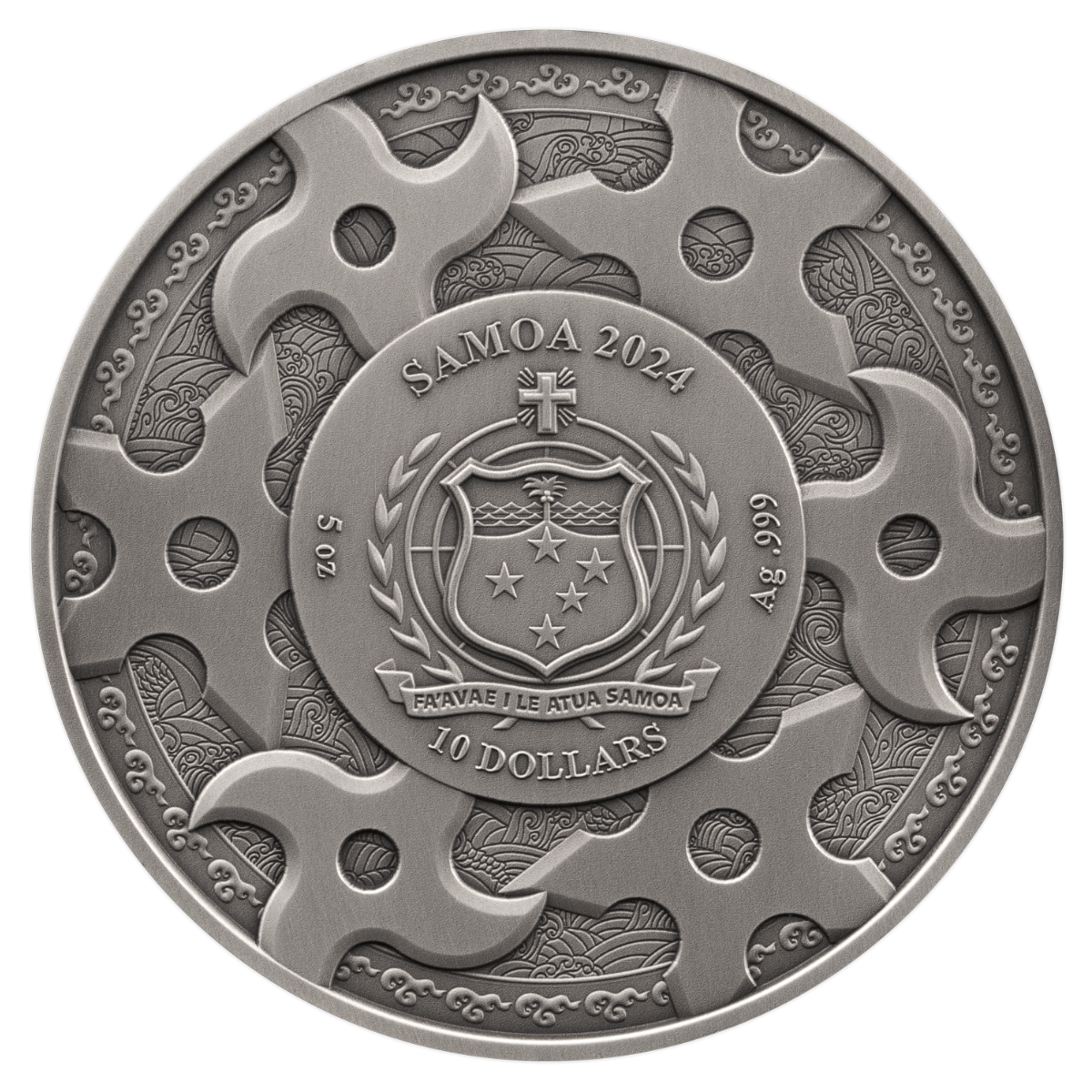 Samurai 2024 $10 Sculptured High Relief Gold-plated 5oz Silver Antique Coin