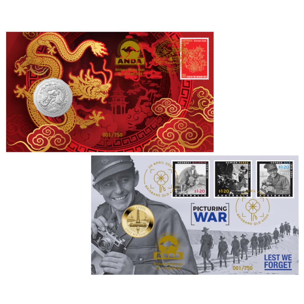 Brisbane ANDA Money Expo 2024 Perth Mint ANZAC $1 & Royal Australian Mint Lunar Dragon 50c PNC Set