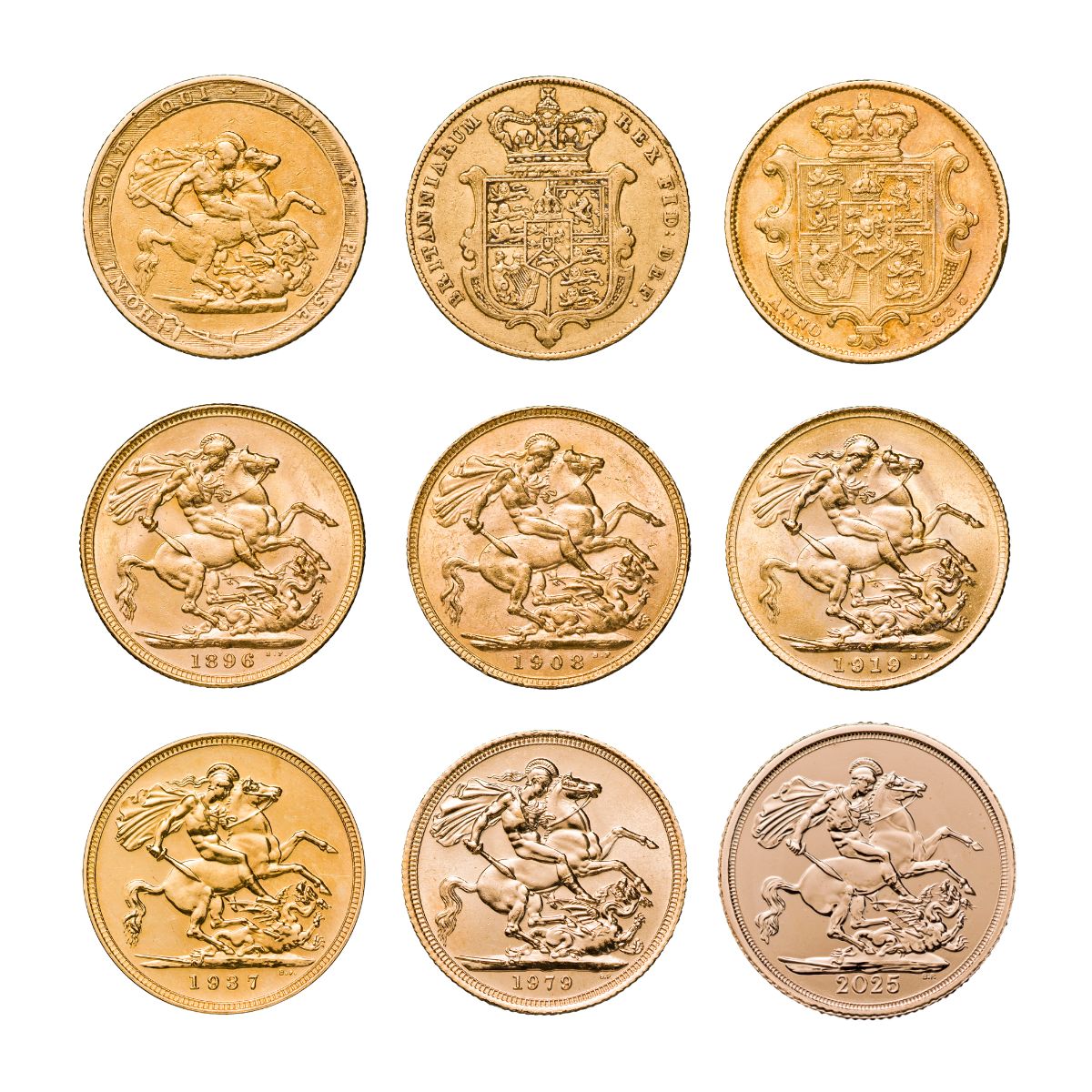 Complete 1817-2025 Monarchs Gold Sovereign 9-Coin Collection