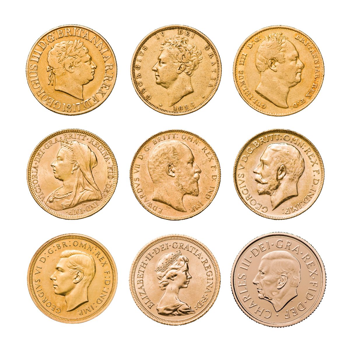 Complete 1817-2025 Monarchs Gold Sovereign 9-Coin Collection