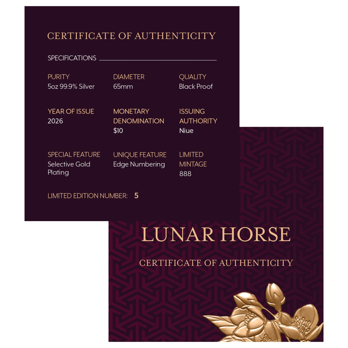 Lunar Year of the Horse 2026 $10 Gold-plated 5oz Silver Black Proof Coin