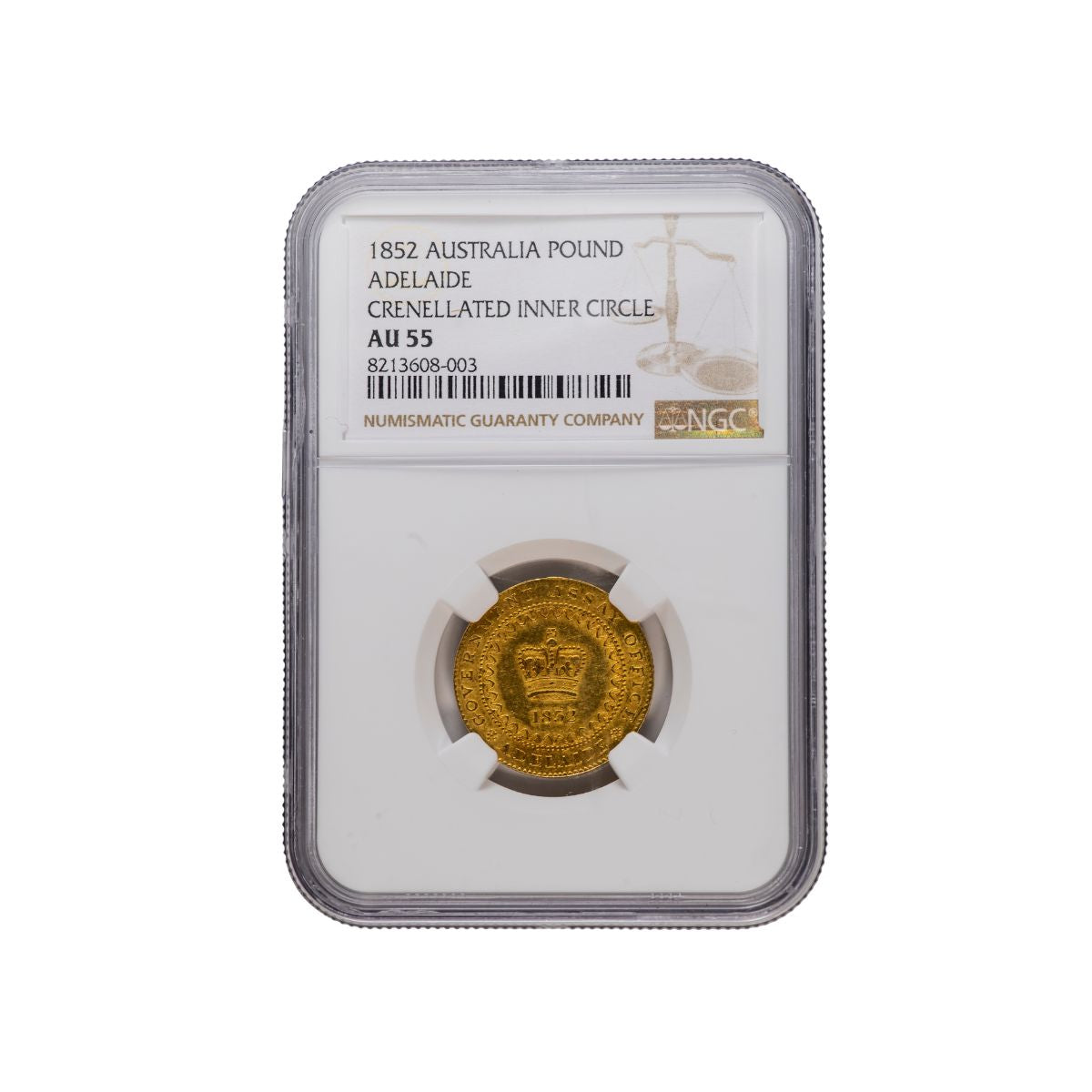 1852 Adelaide Pound Type II NGC AU55