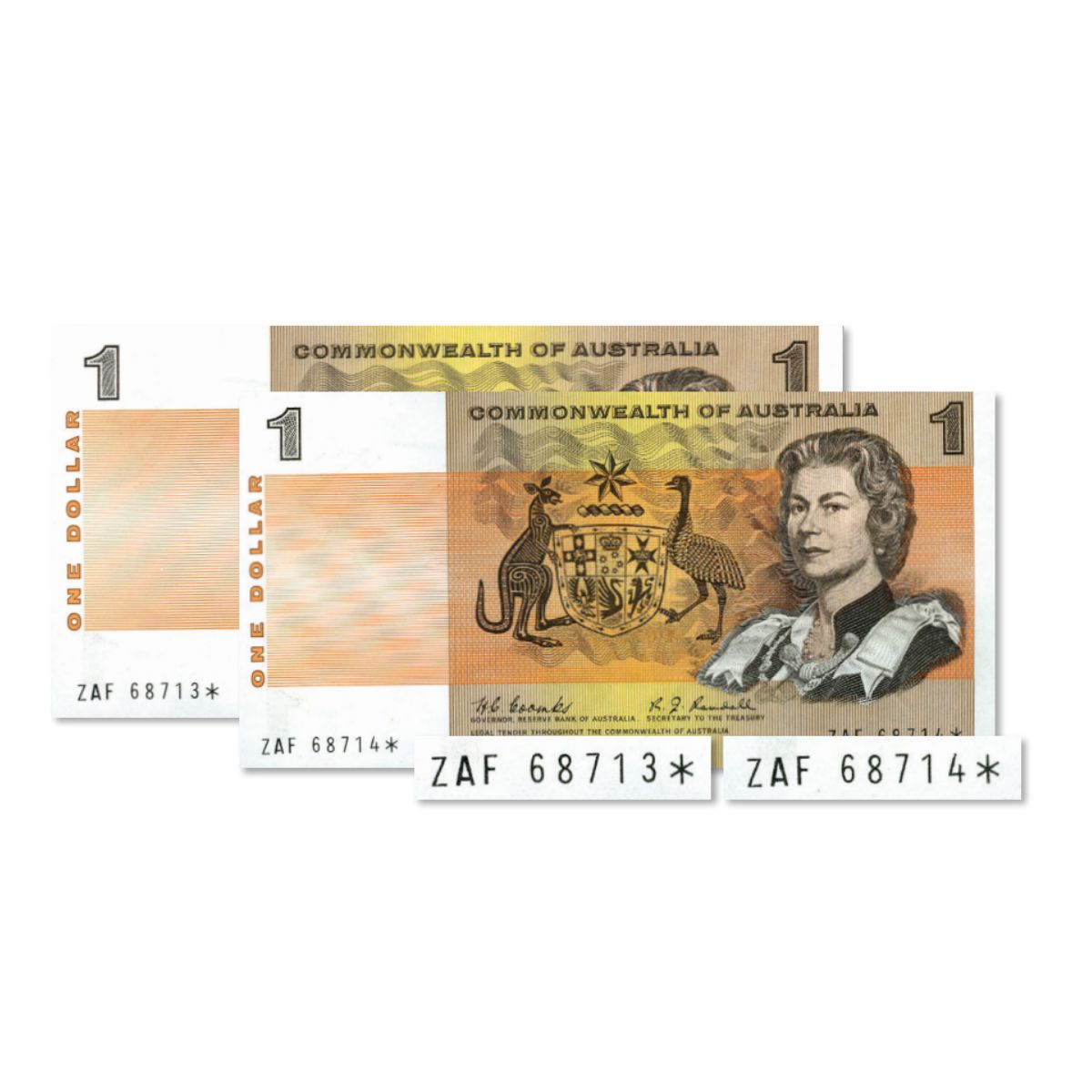 Australia 1968 $1 R72SF Coombs/Randall ZAF First Prefix Uncirculated Star Note Consecutive Pair