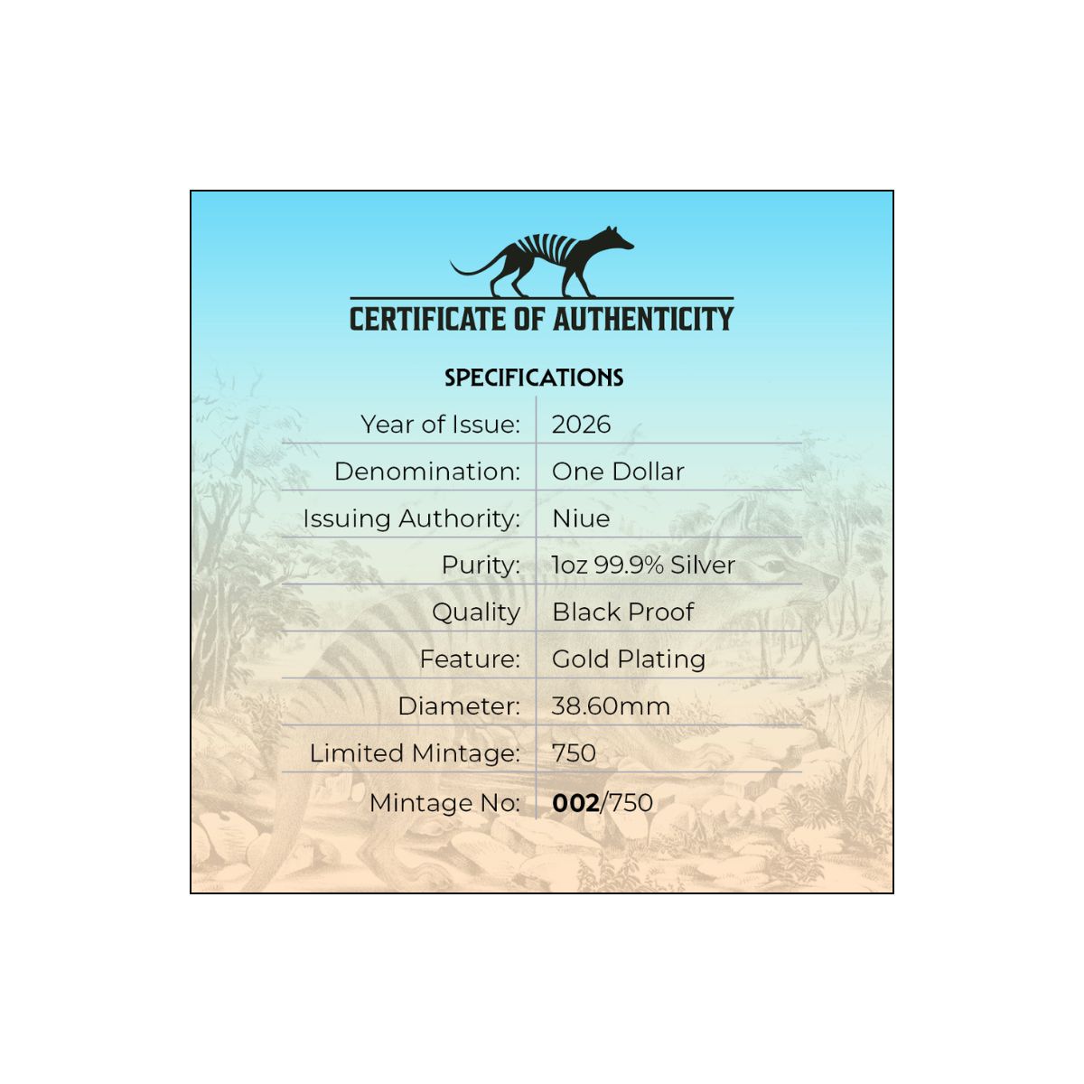 Tasmanian Tiger 2026 $1 Gold-plated 1oz Silver Black Proof Coin