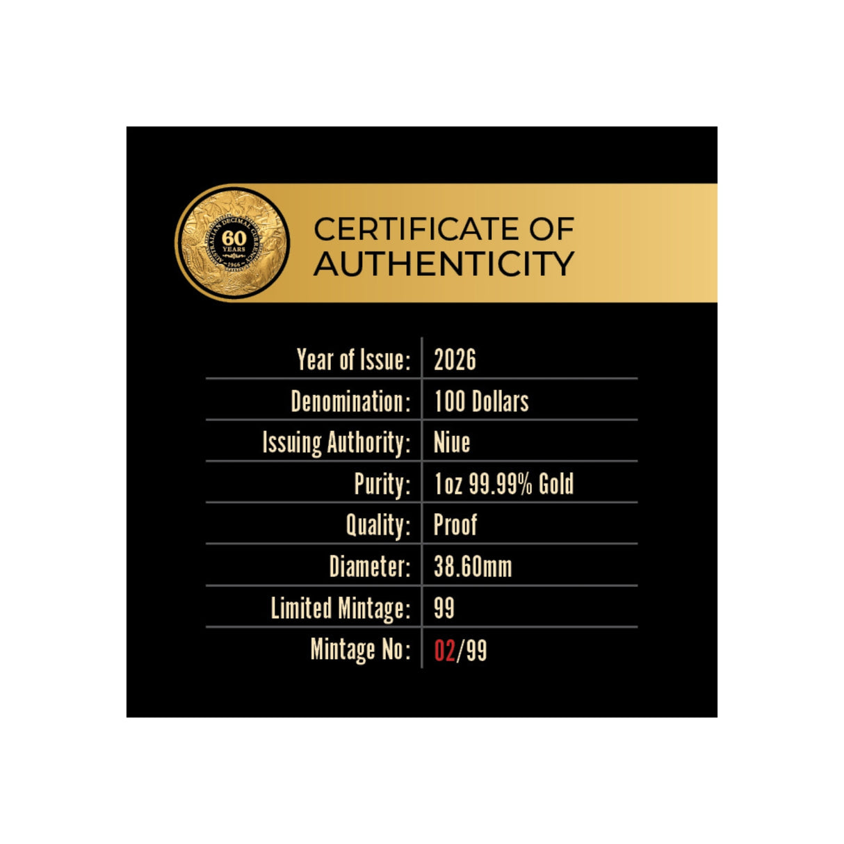 Decimal Currency 60th Anniversary 2026 $100 1oz Gold Proof Coin