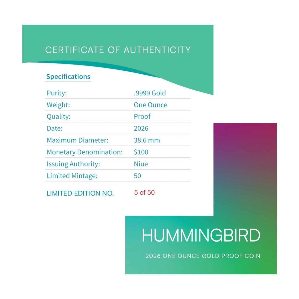 Hummingbird 2026 $100 1oz Gold Proof Coin