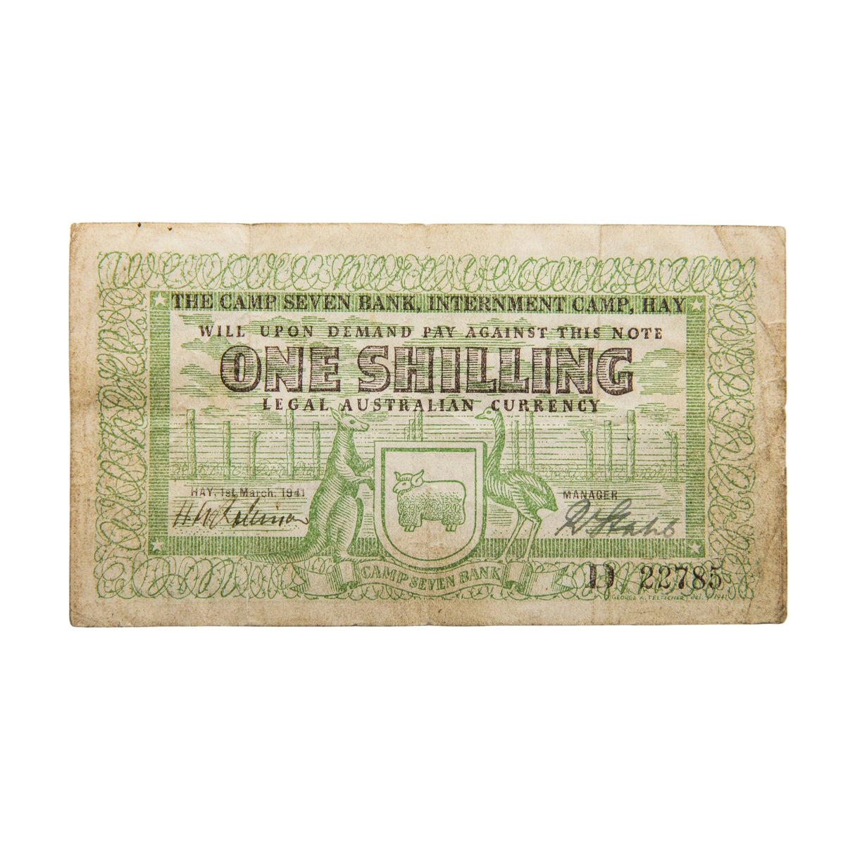 Hay Internment Camp 1941 Robinow/Stahl Shilling Note good Fine