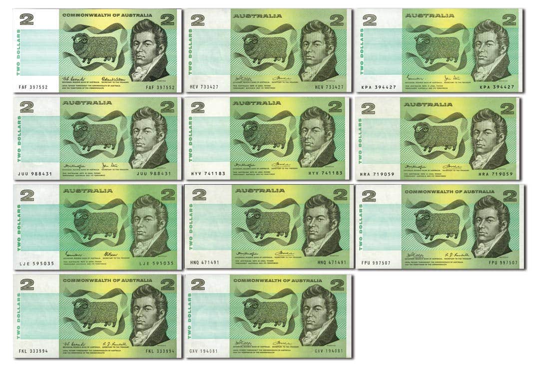 Complete 11-Banknote $2 Collection UNC