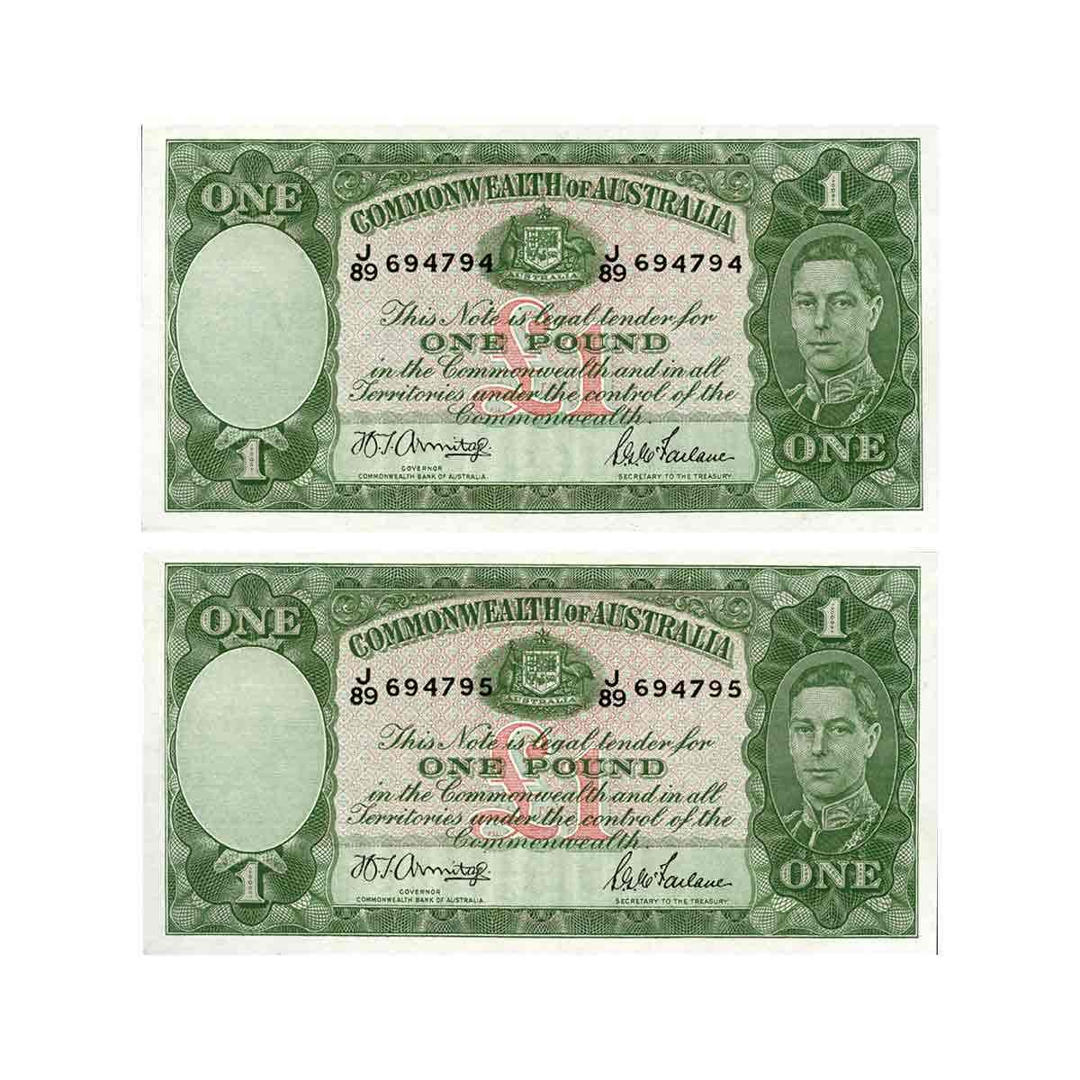 1942 £1 R30 Armitage/McFarlane Banknote Consecutive Pair Uncirculated