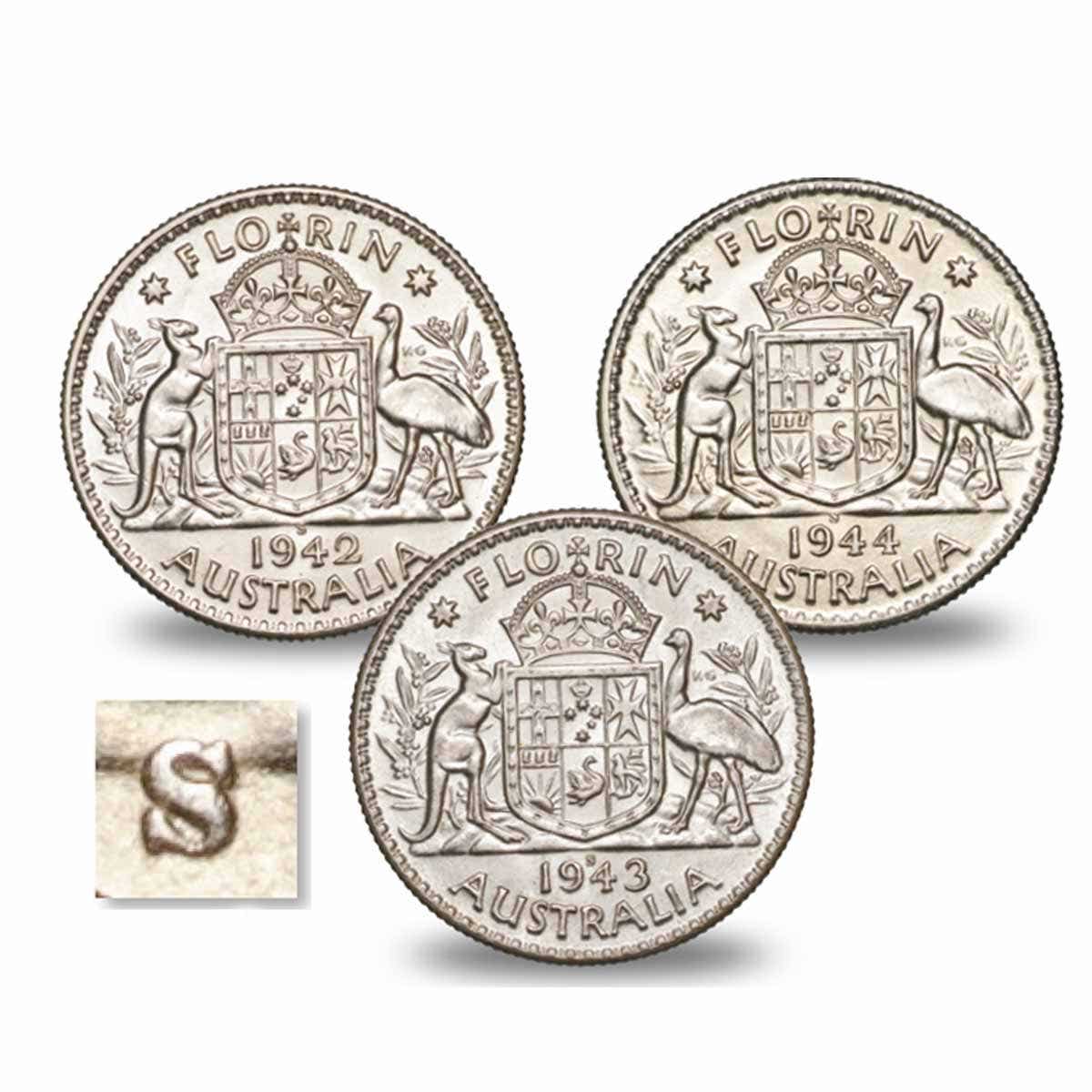 1942S-44S Florin 3-Coin Set Extremely Fine-about Uncirculated