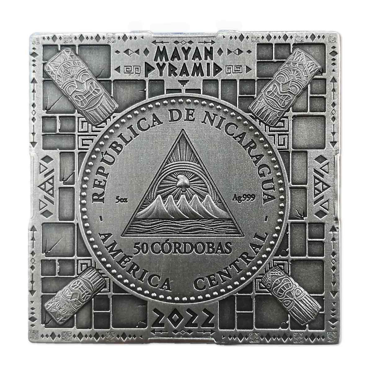 Chichen Itza Pyramid 2022 50 Cordobas 5oz Silver Antique Coin