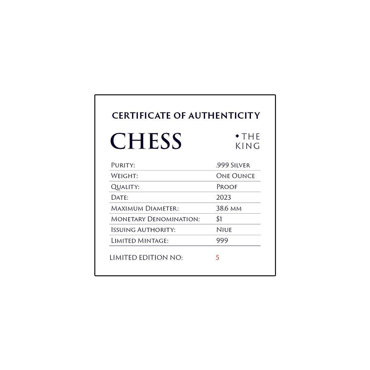 Chess King 2023 $1 1oz Silver Black Proof Coin