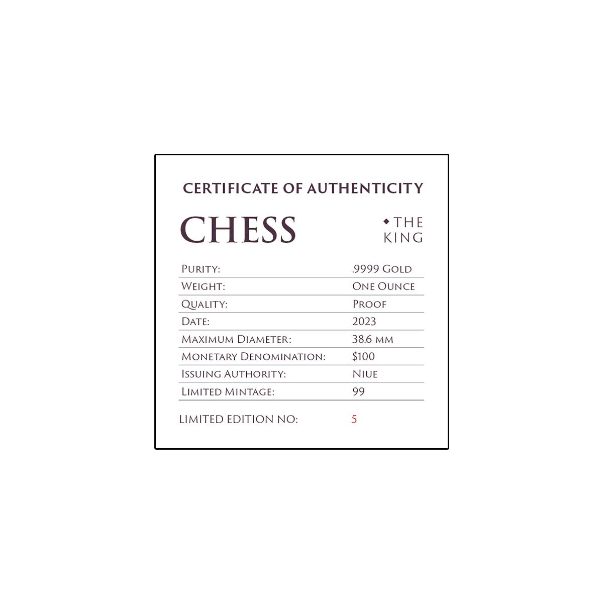 Chess King 2023 $100 Platinum-plated 1oz Gold Proof Coin