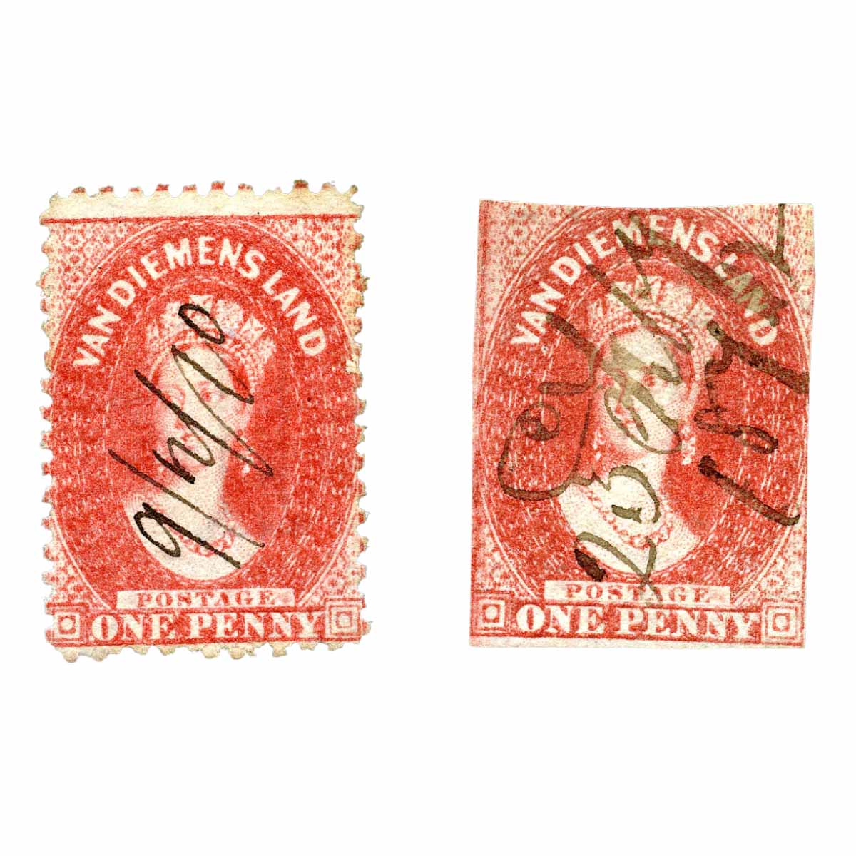 1855-64 Van Diemans Land (Tasmania) 1d Carmine Imperf and Perforated Issues (2 stamps)
