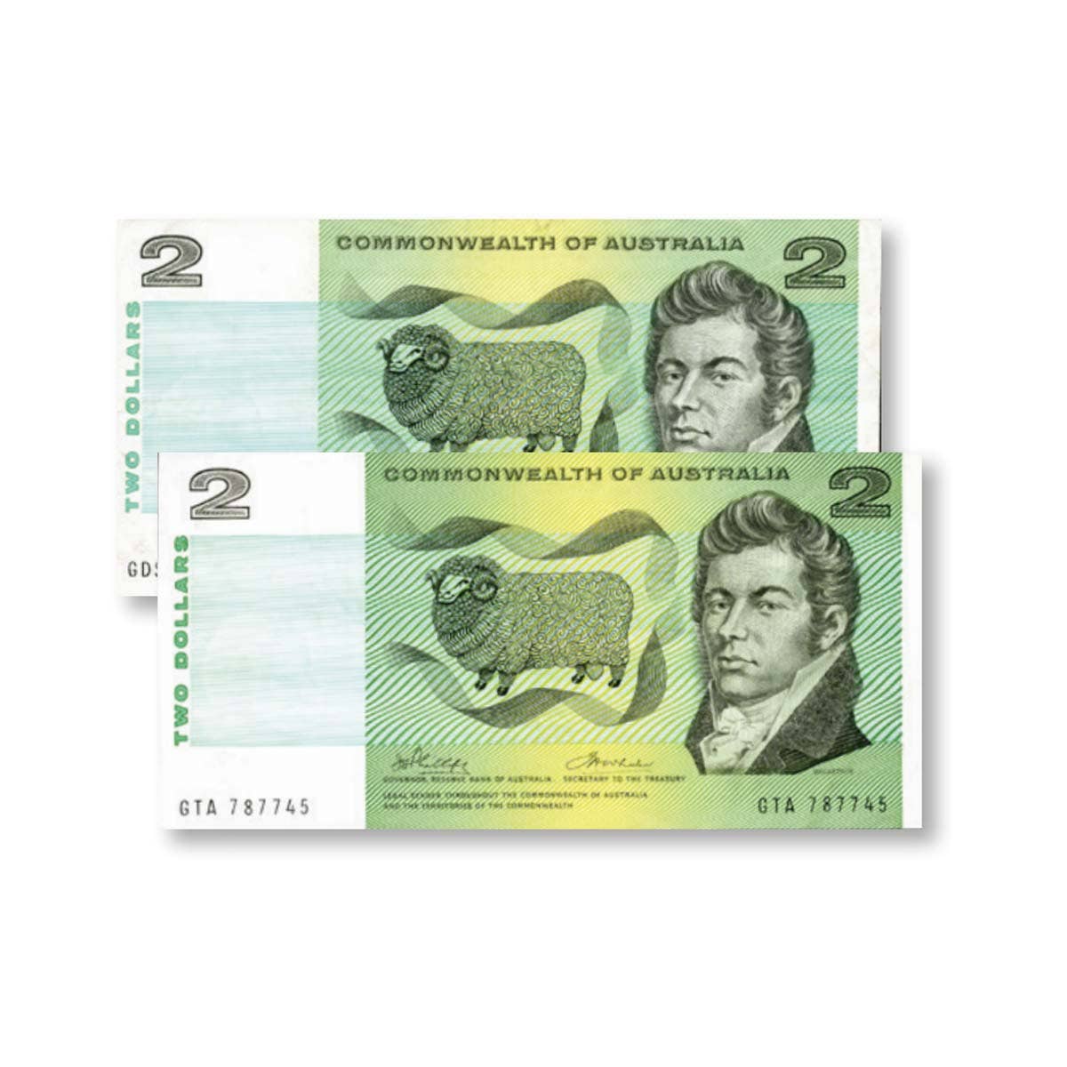 1968 $2 Phillips/Randall & 1972 Phillips/Wheeler Commonwealth Banknote Pair VF-EF