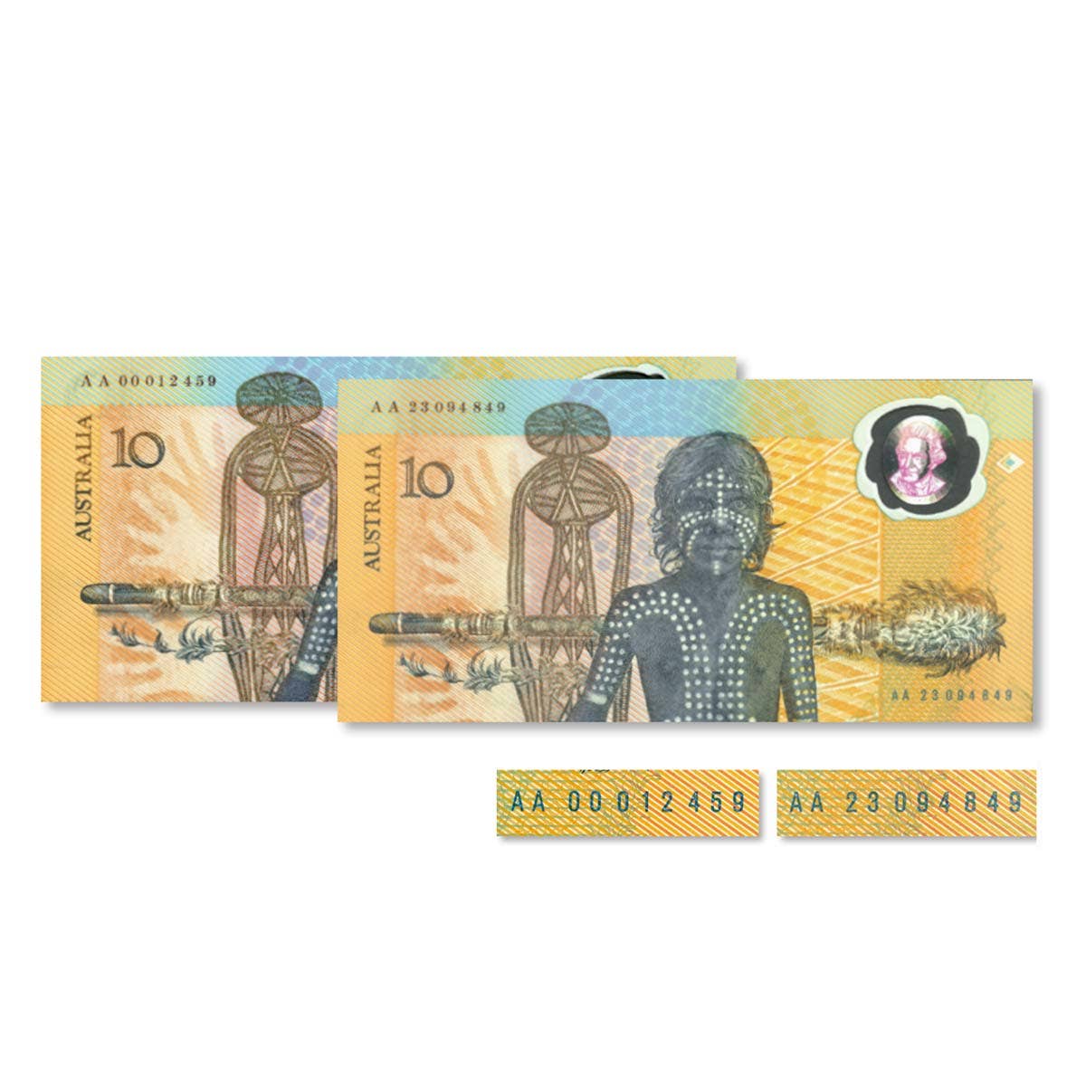 1988 $10 Bicentennial Overprint AA00 First Prefix & AA23 Last Prefix Banknote Pair Uncirculated