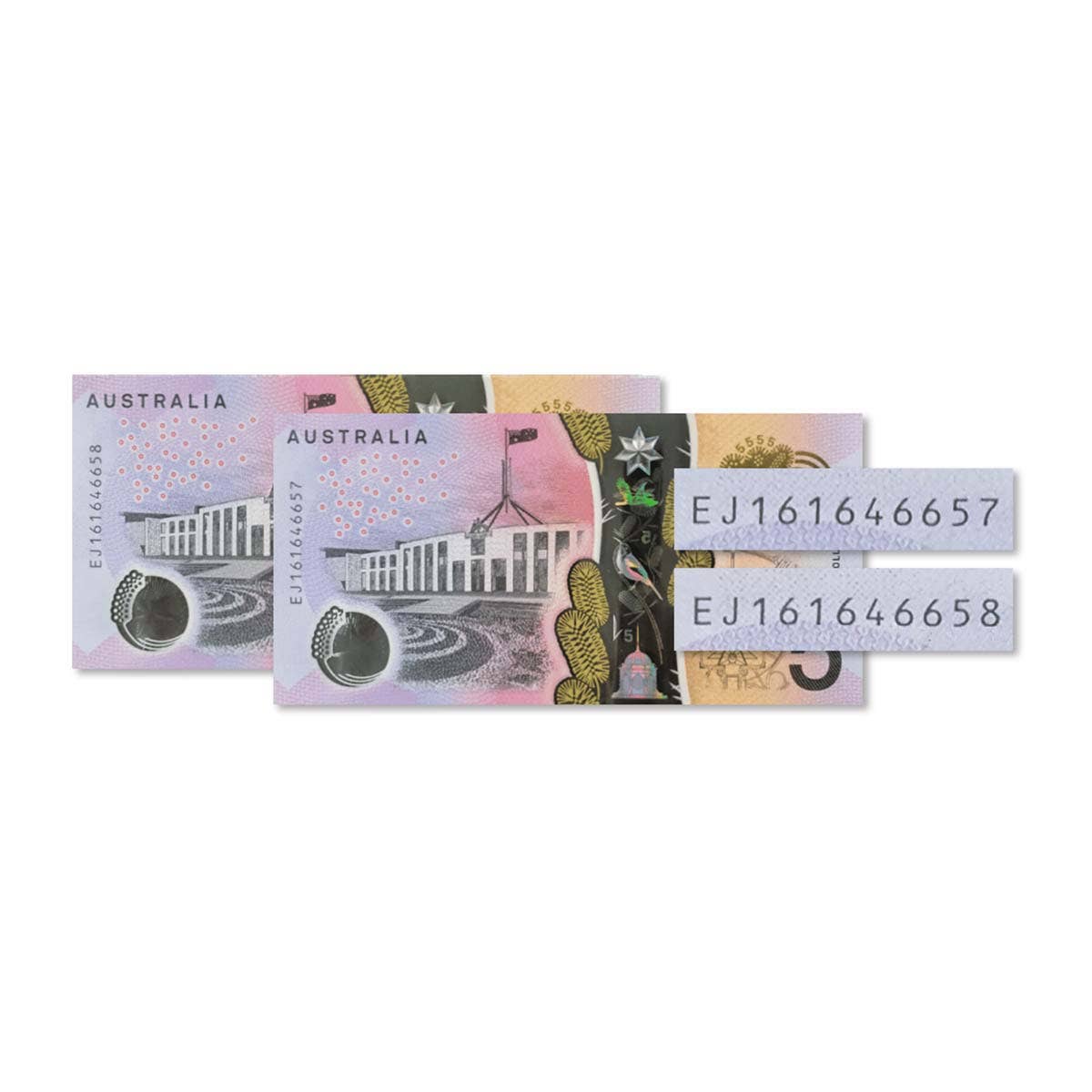 2016 $5 R224L Stevens/Fraser EJ16 Last Prefix Banknote Consecutive Pair Uncirculated