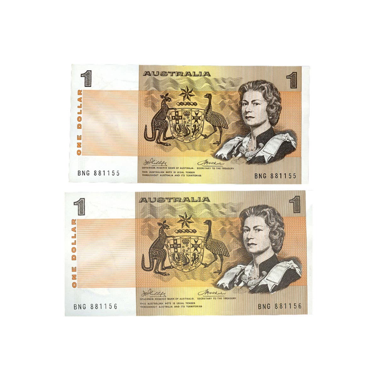 1974 $1 R75 Phillips/Wheeler Australia Banner Banknote Consecutive Pair Uncirculated
