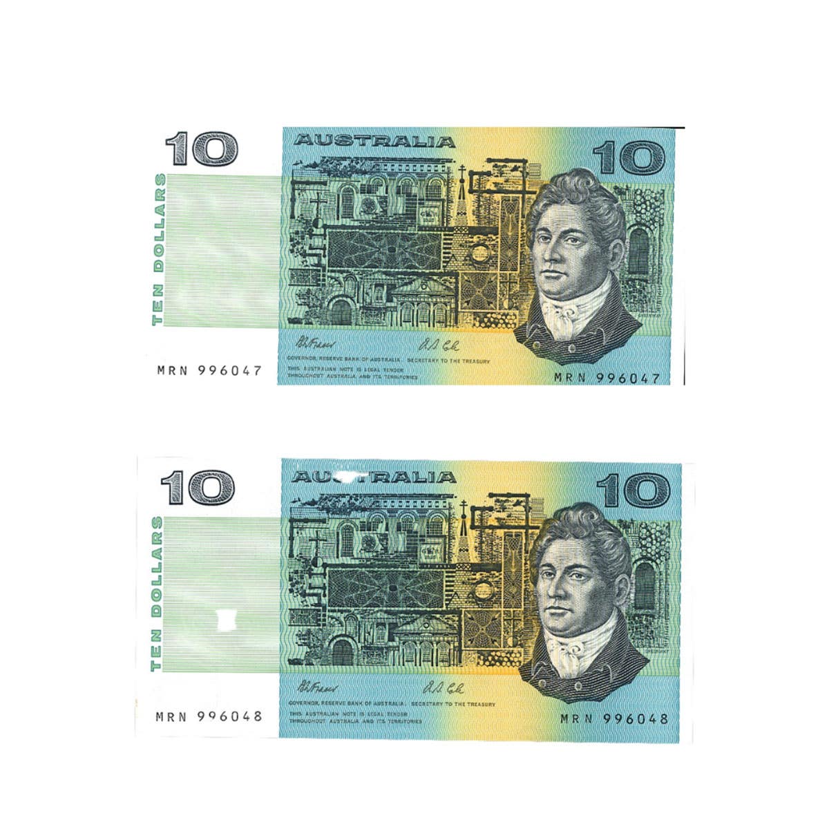 1991 R313b $10 Fraser/Cole no Plate Identification letter (PIL) Banknote Consecutive Pair Uncirculated
