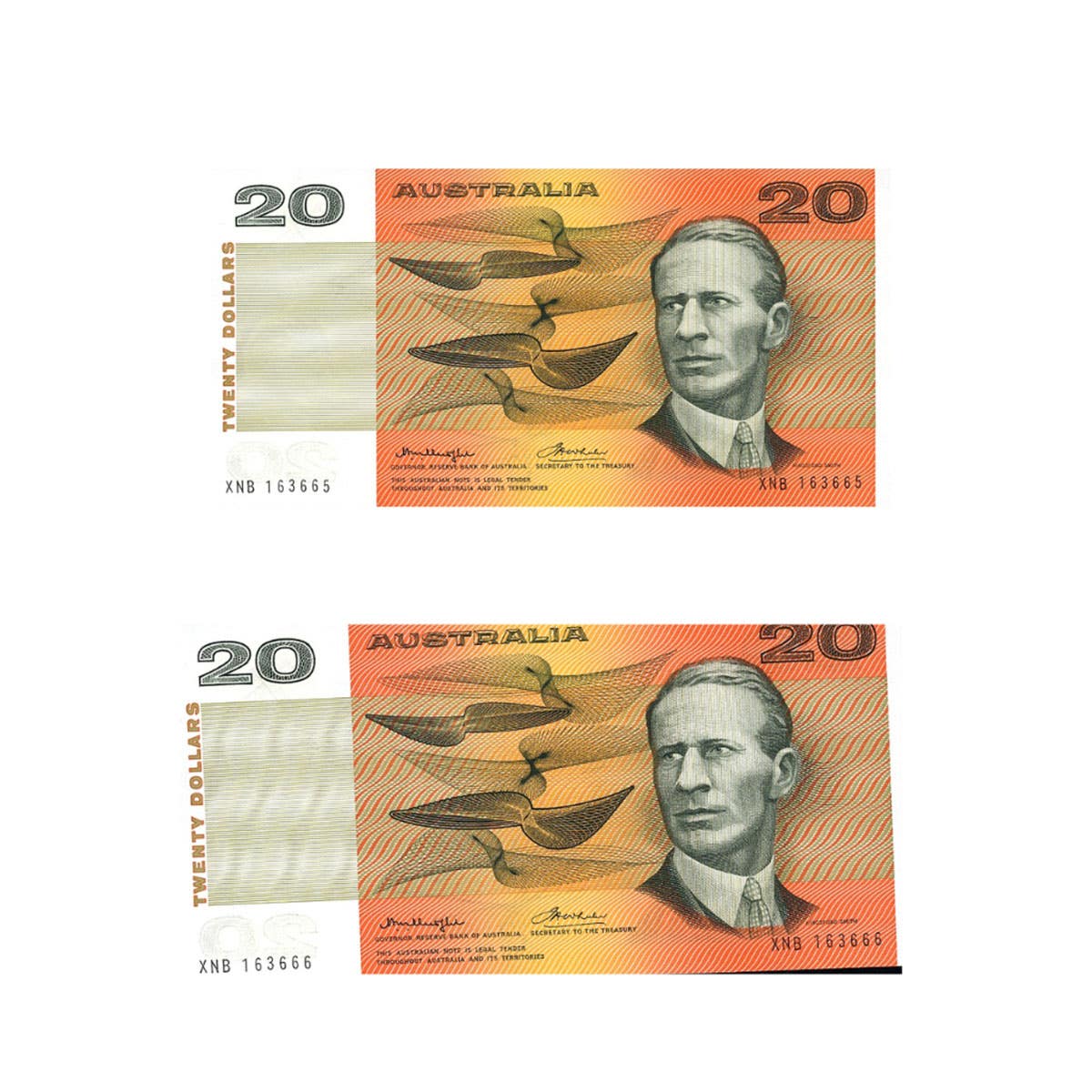 1976 R406a $20 Knight/Wheeler Centre Thread Banknote Consecutive Pair Uncirculated