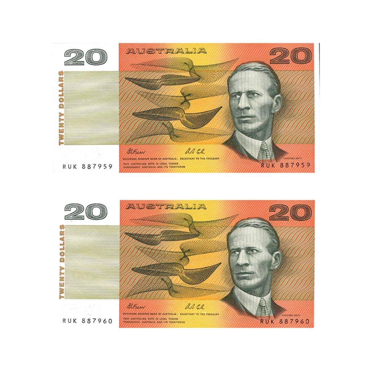 1991 R413 $20 Fraser/Cole Banknote Consecutive Pair Uncirculated