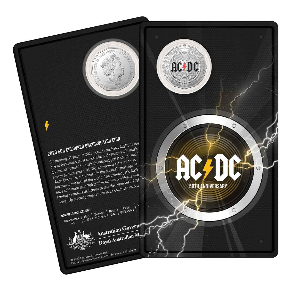 AC/DC 2023 50c 50th Anniversary Colour Cu-Ni Uncirculated Coin