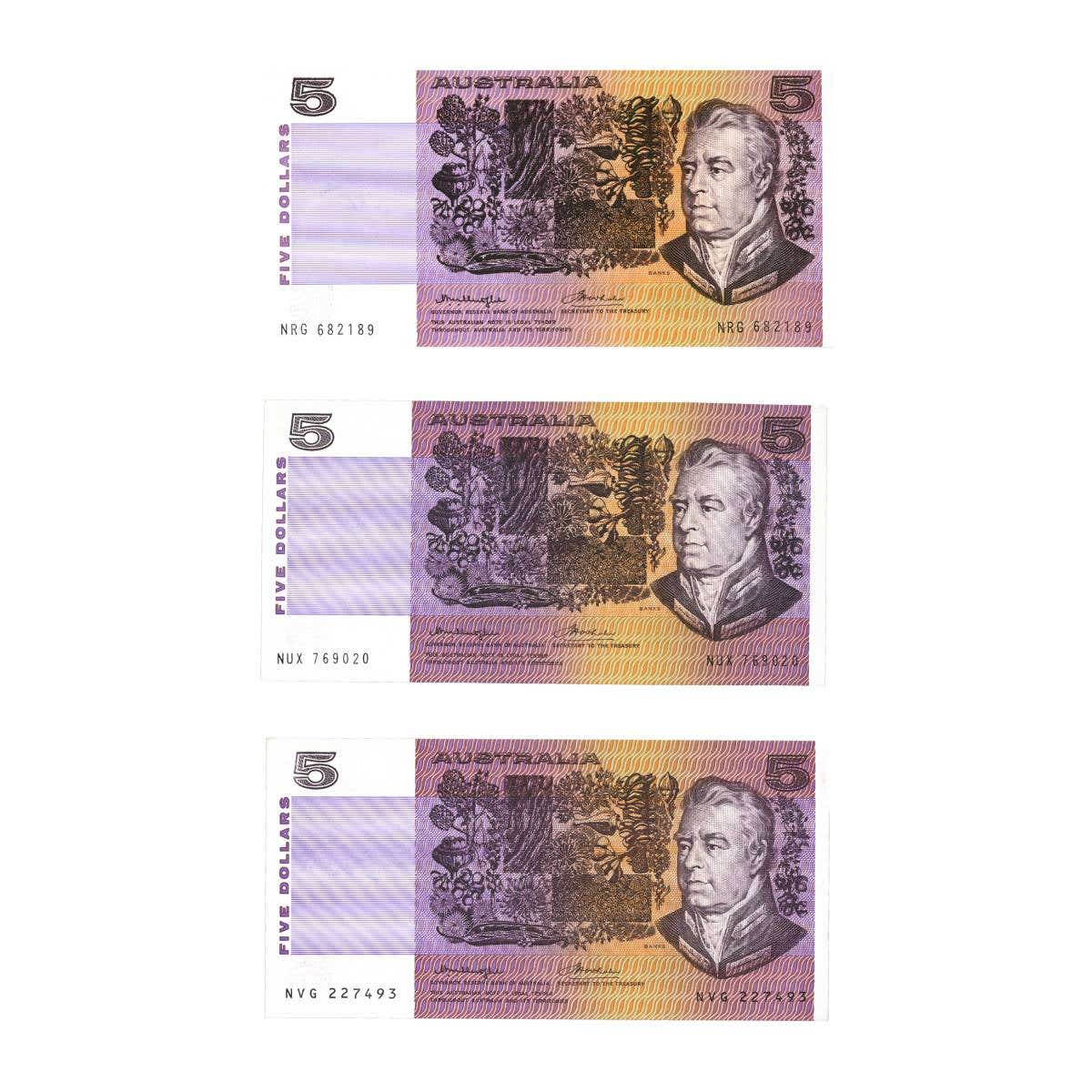 1976 $5 Knight/Wheeler Gothic & OCR-B Centre & OCR-B Side Thread Banknote Trio Uncirculated
