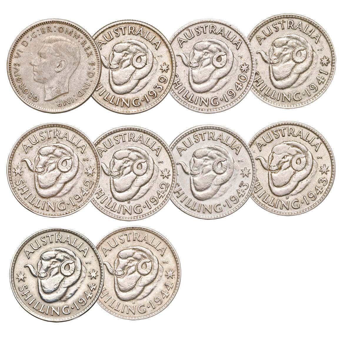 1939-44 Shilling Complete 9-Coin Set Fine - Very Fine