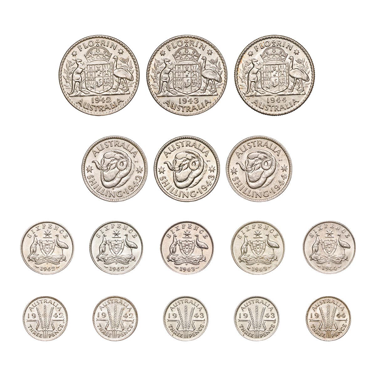 Australia George VI 1942-44 USA S&D Mintmark Complete Silver 16-Coin about Uncirculated-Uncirculated Collection