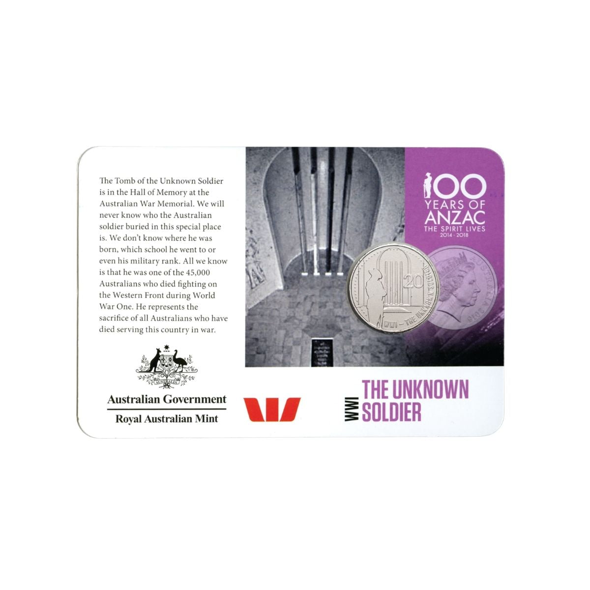 Australia 2015 20c The Unknown Soldier Cupro-Nickel Uncirculated Coin