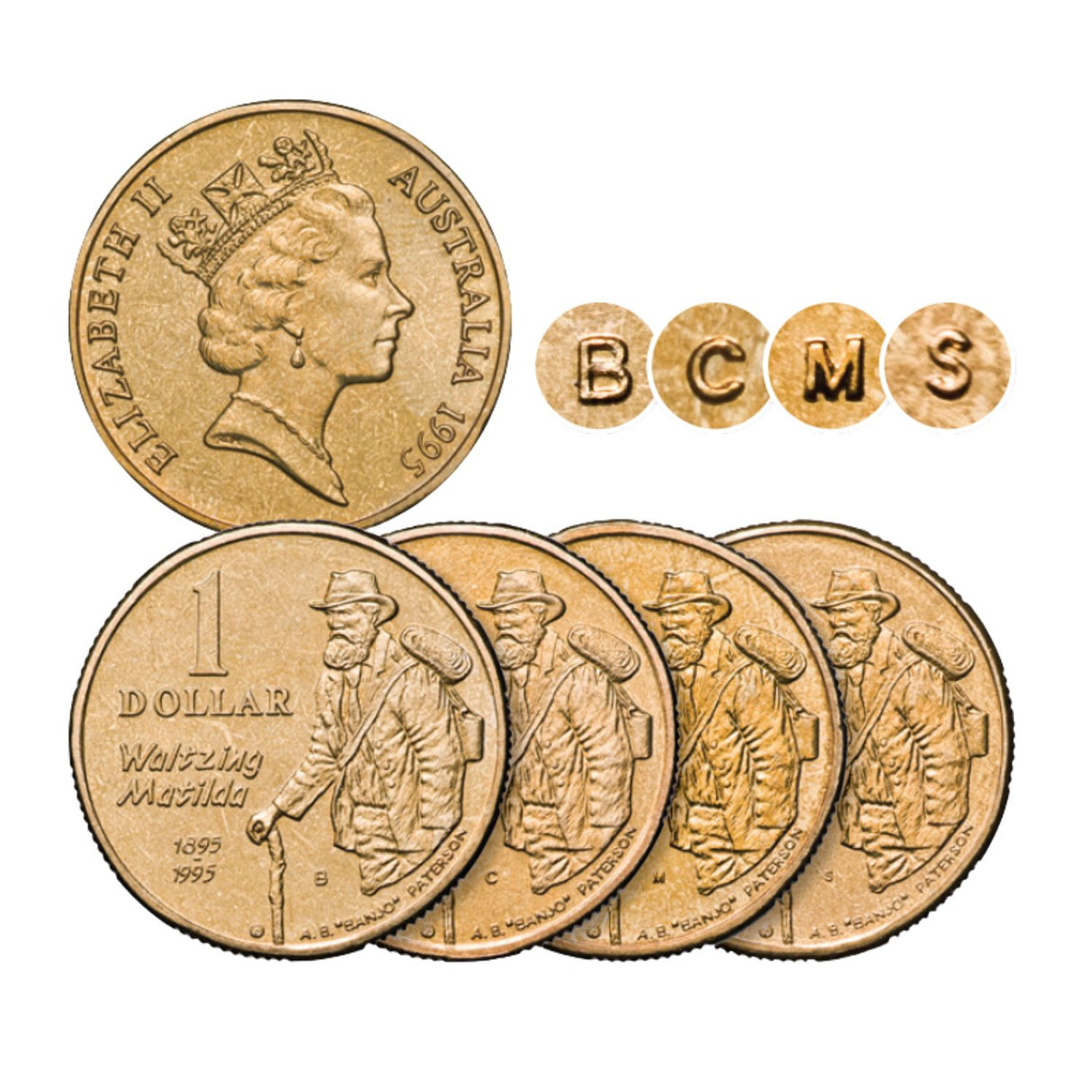 Waltzing Matilda 1995 $1 C, B, S & M Mintmark 4-Coin Set