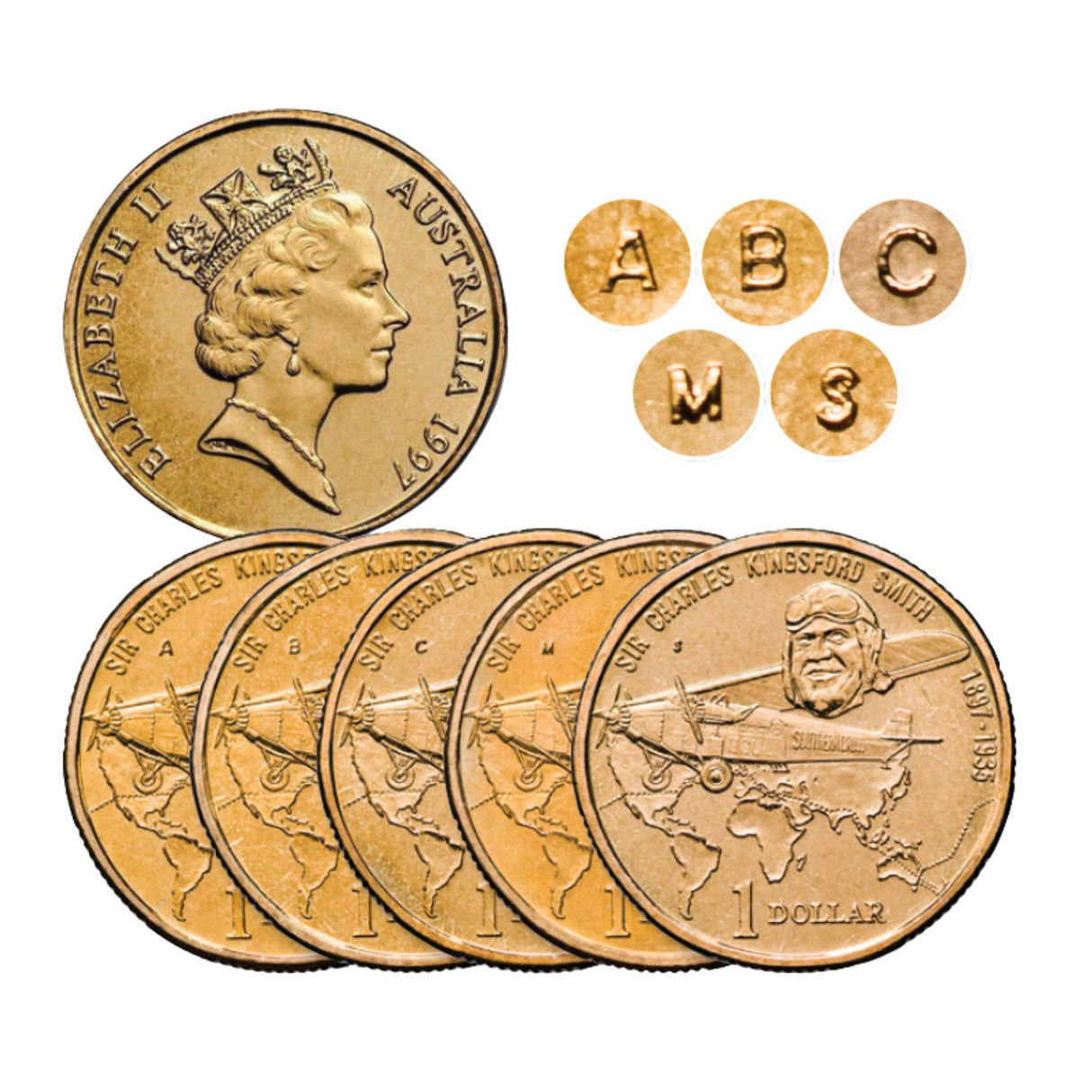 Kingsford Smith 1997 $1 C, A, B, S & M Mintmark 5-Coin Set