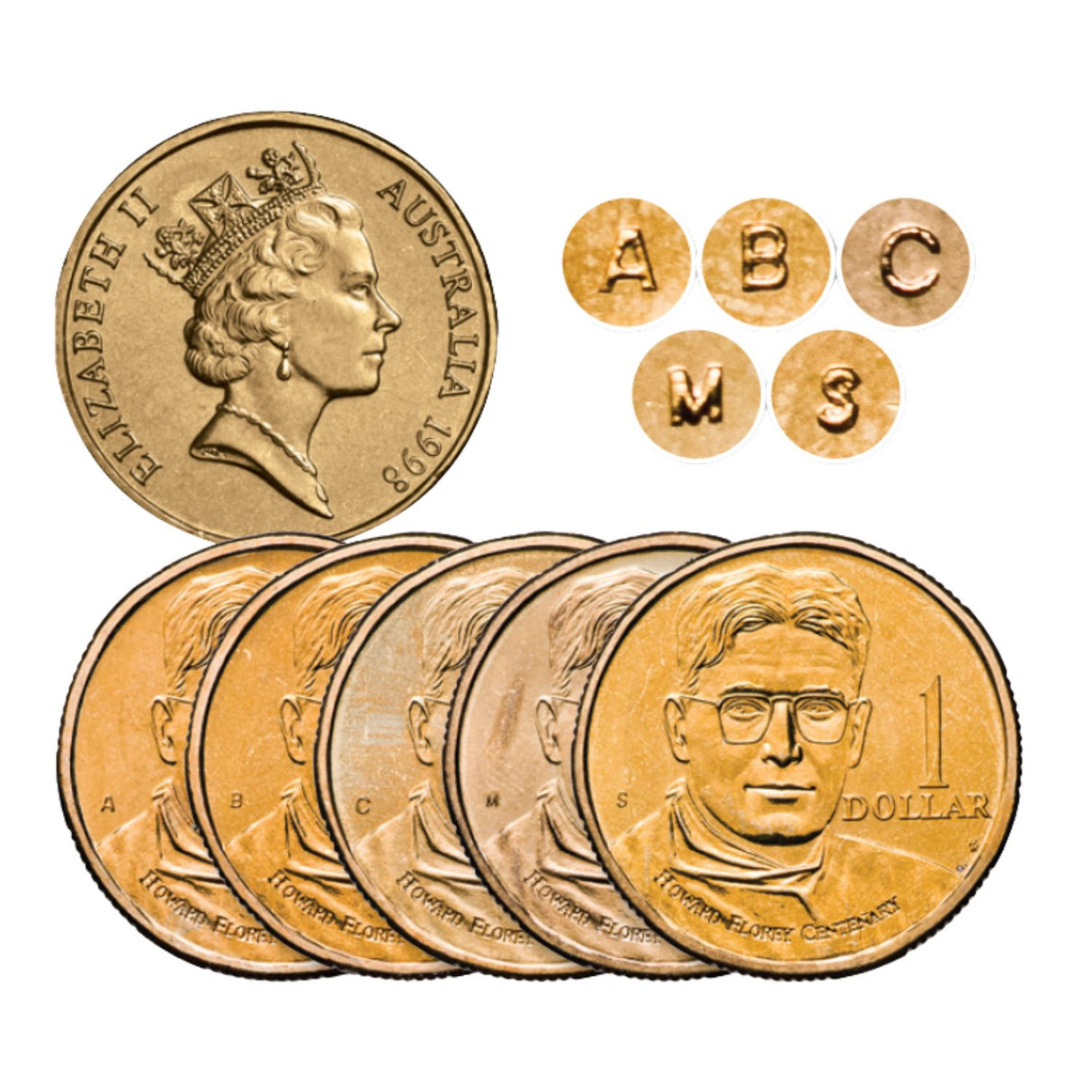 Howard Florey 1998 $1 C, A, B, S & M Mintmark 5-Coin Set