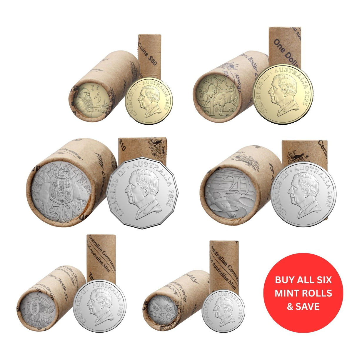 Australia Charles III 2025 5c-$2 Heads/Heads or Tails/Tails 6-Roll Set