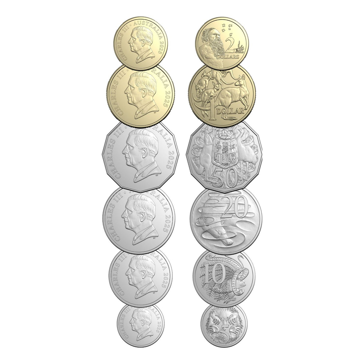 Australia Charles III 2025 5c-$2 Heads/Heads or Tails/Tails 6-Roll Set