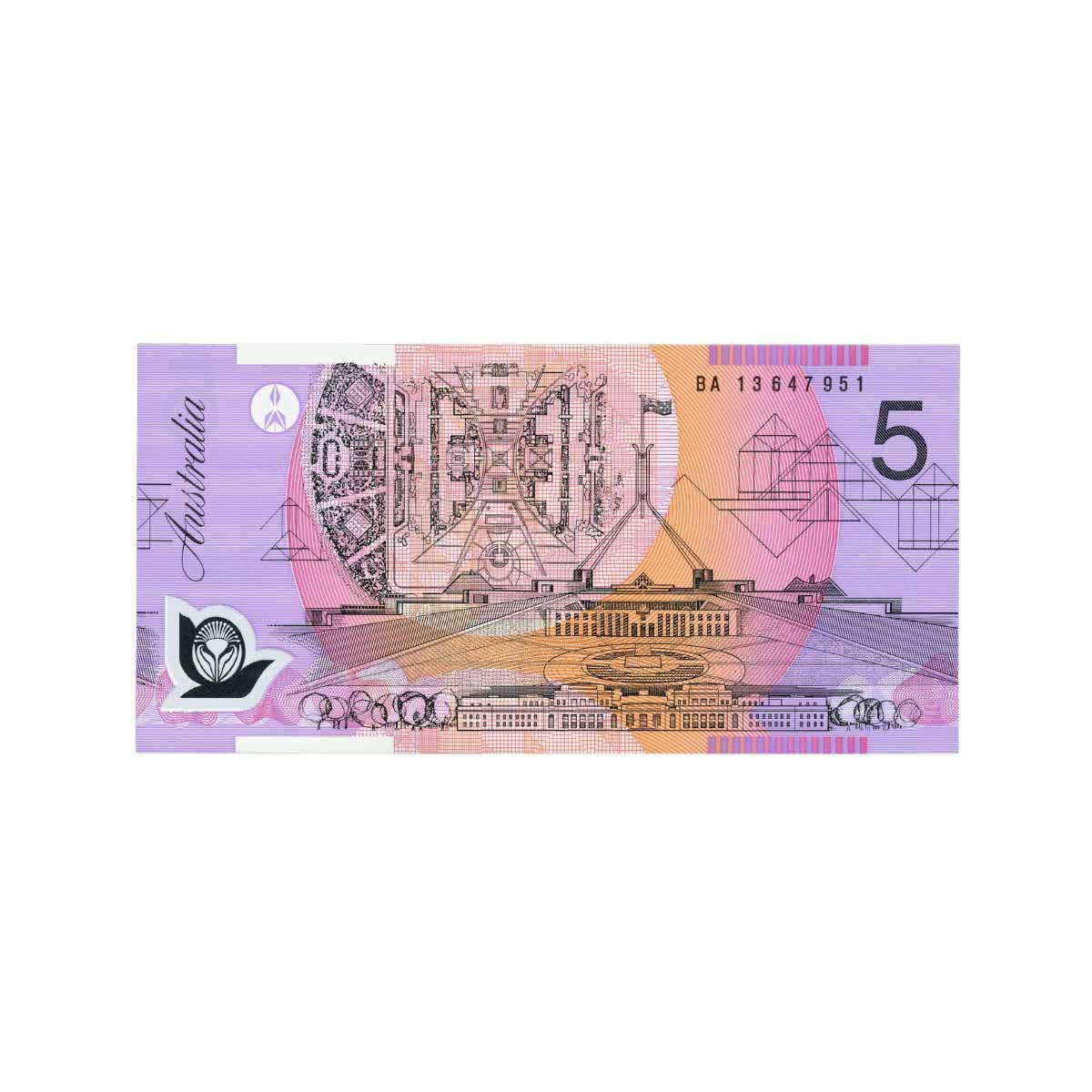 2013 $5 R222bF Stevens/Parkinson BA13 First Prefix Banknote Uncirculated