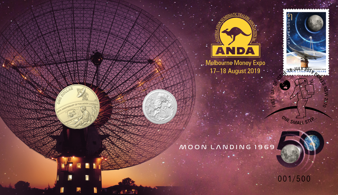 Moon Landing 50th Anniversary 2019 5c & $1 Melbourne Money Expo Stamp & Coin Cover