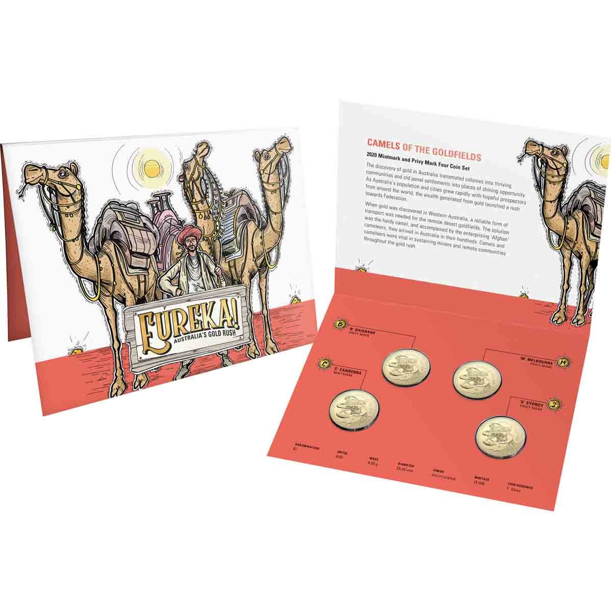 2020 $1 Eureka! Australia's Gold Rush Mintmark Set of 4 Unc coins in RAM card as issued
