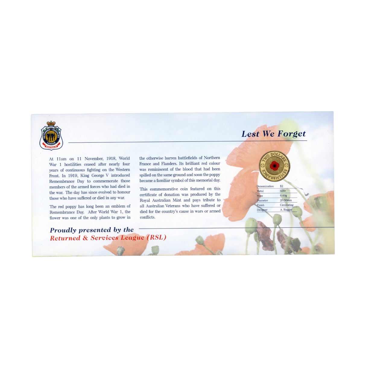 Australia 2012 $2 Red Poppy with RSL Card Uncirculated Coin