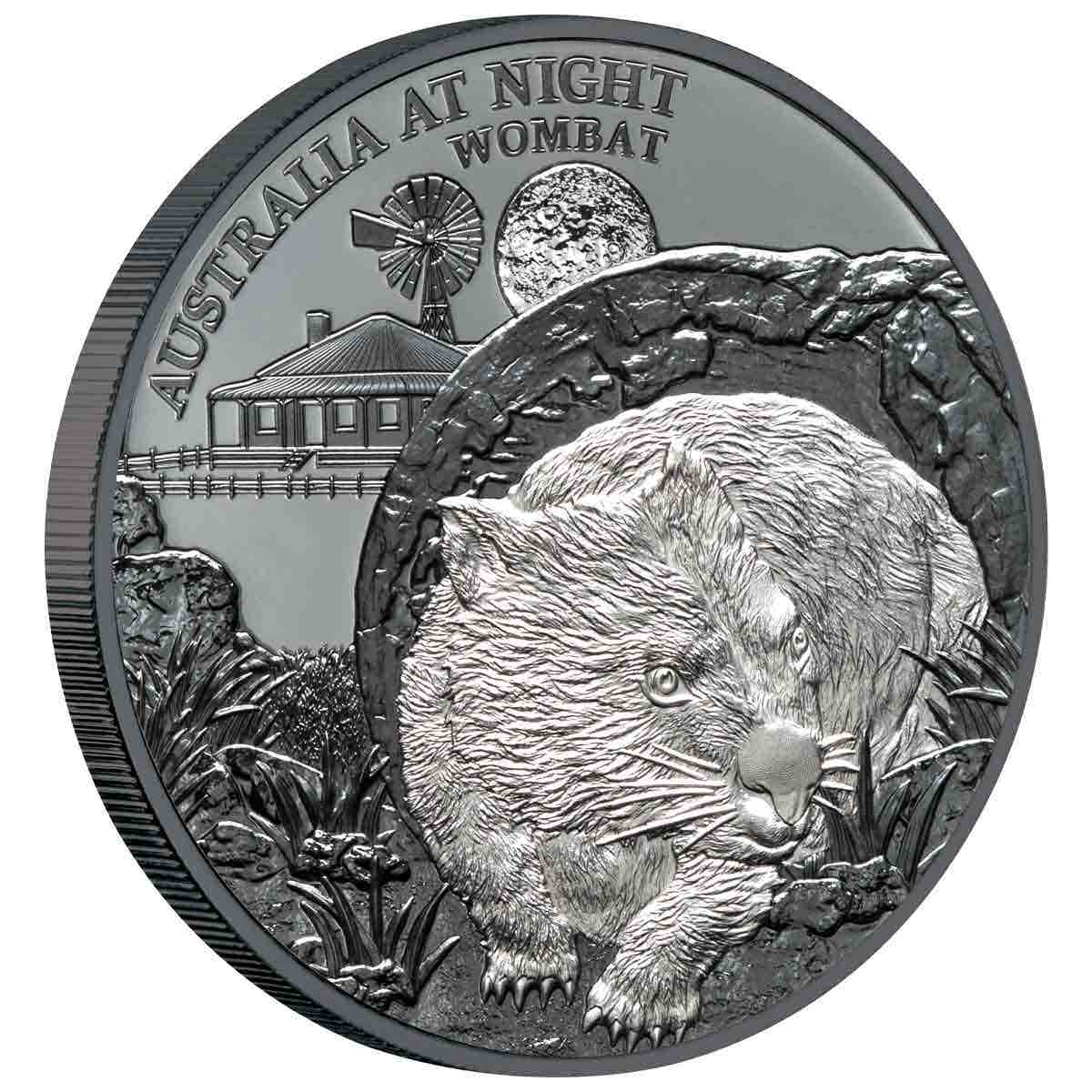 Wombat Australia at Night 2021 $1 1oz Silver Black Proof Coin
