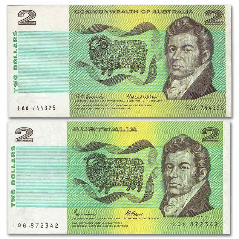 1966 $2 FAA First Prefix & 1985 $2 LQG Last Prefix Pair Uncirculated