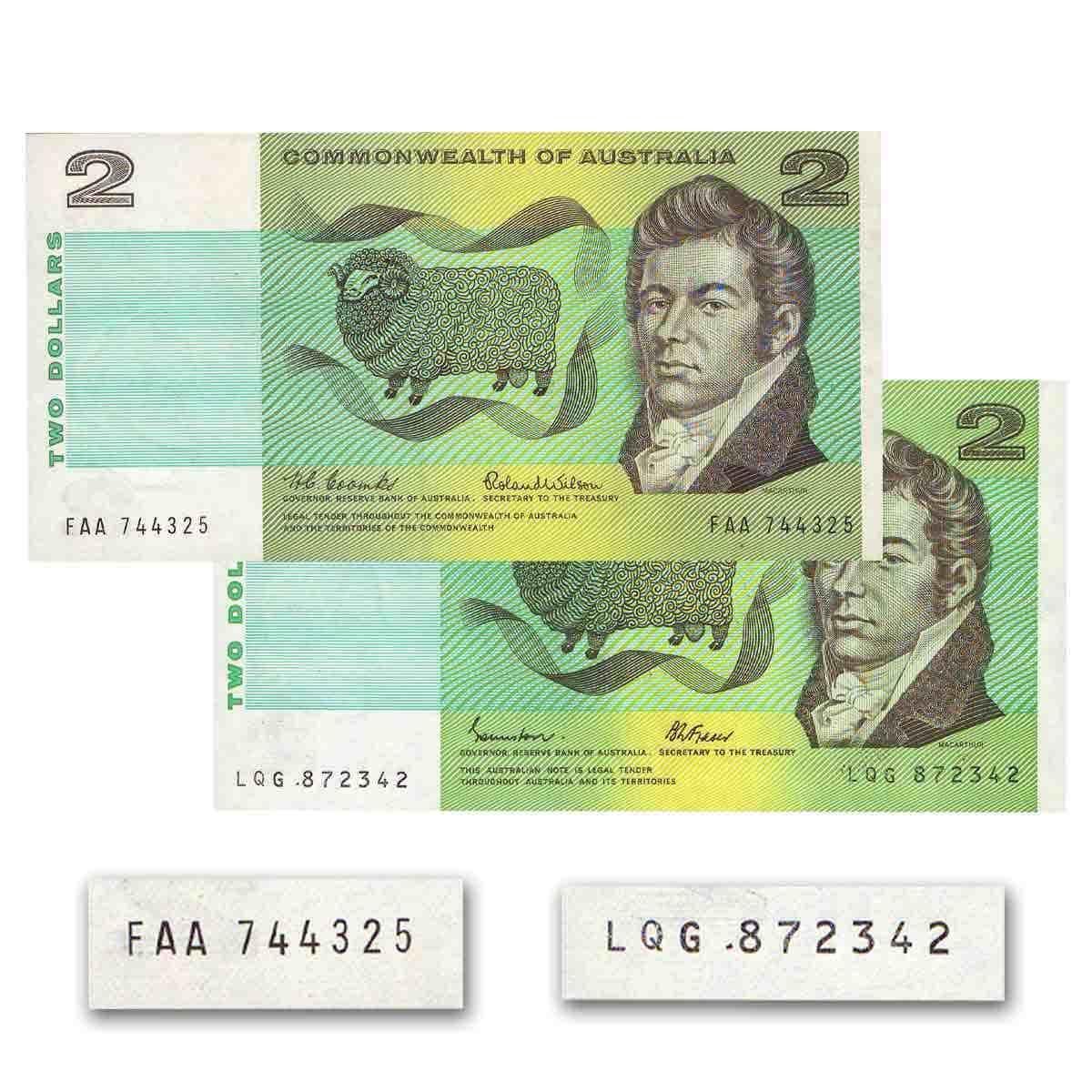 1966 $2 FAA First Prefix & 1985 $2 LQG Last Prefix Pair Uncirculated