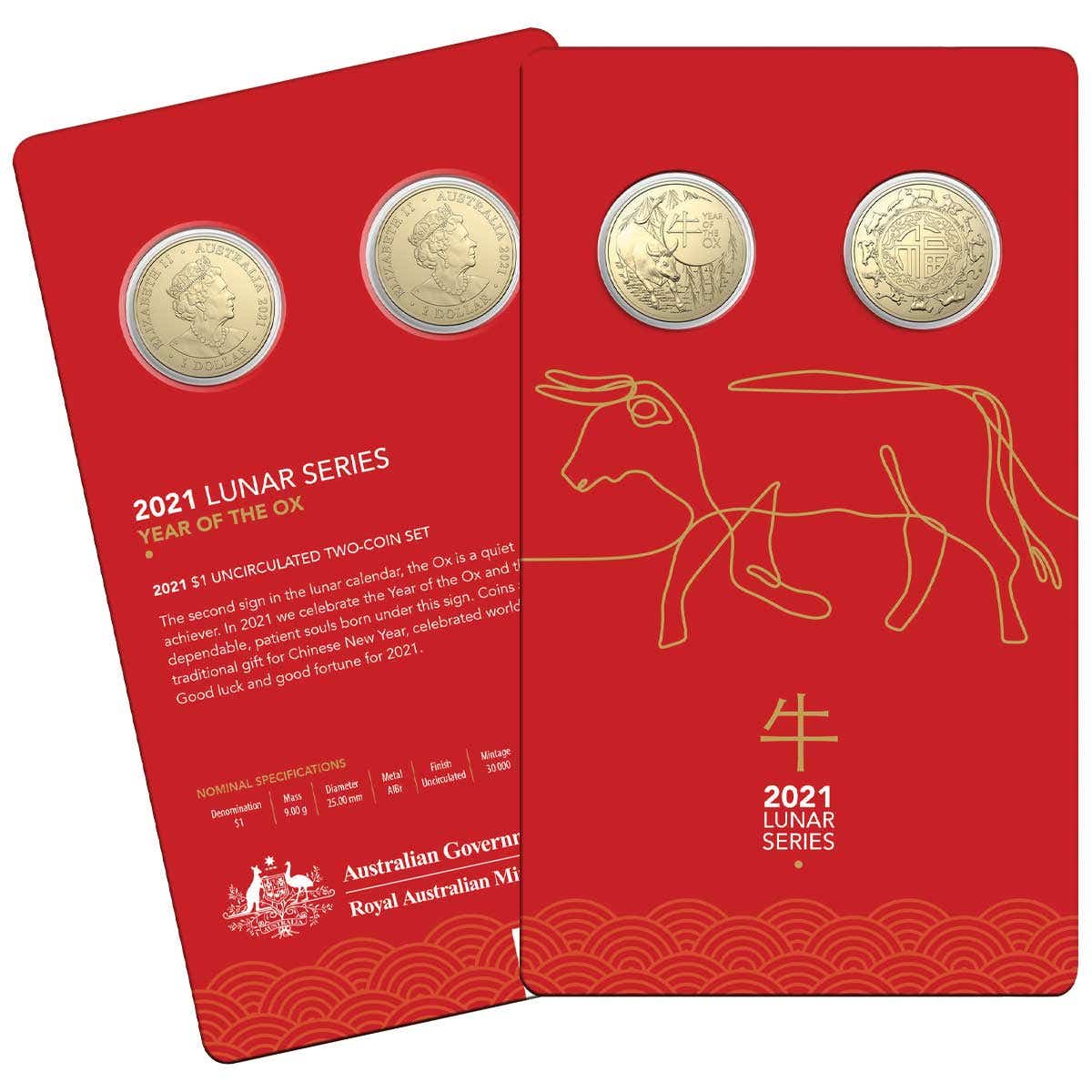 Australia Lunar Year of the Ox 2021 $1 Aluminium-Bronze Uncirculated 2-Coin Set