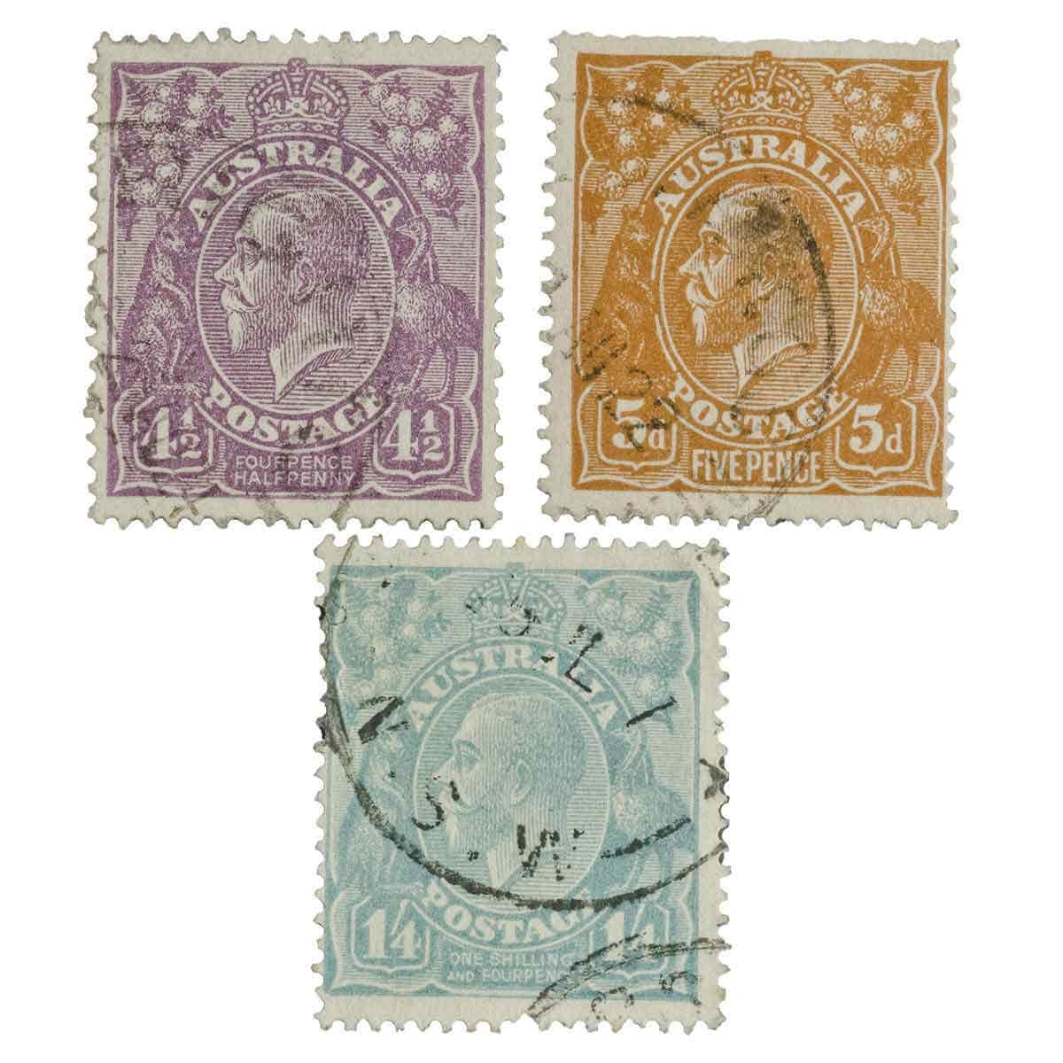 1927-1931 4½d Violet, 5d Brown & 1/4 Blue 3-Stamp Set Fine Used